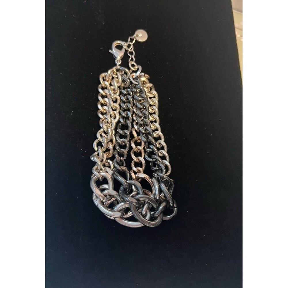 Chain Link Triple Strand Bracelet Gold/Silver/Black Tone Biker Gothic 8"